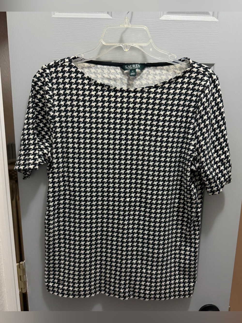 Lauren Ralph Lauren Black/White Houndstooth Knit Blouse Shirt 100% Cotton XL EUC